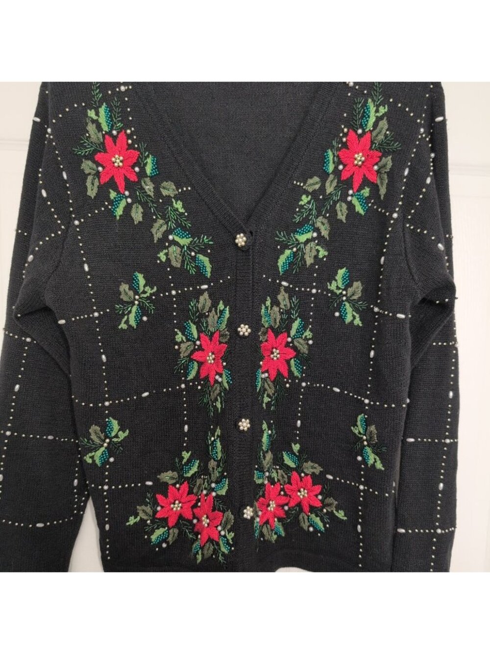 Victoria Jones Beaded Poinsettia Cardigan Womens Size Medium Black Christmas - Picture 2 of 10